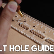 Castillo Heritage Crafts branded centering ruler demonstrating use on leather and a dark surface with 