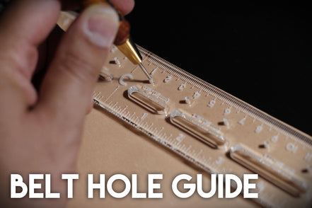 Castillo Heritage Crafts branded centering ruler demonstrating use on leather and a dark surface with "belt hole guide" caption