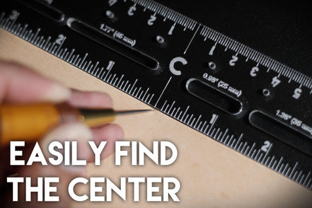 Castillo Heritage Crafts branded centering ruler on a dark surface demonstrating use with "easily find the center" caption