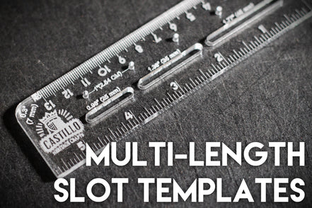 Castillo Heritage Crafts branded centering ruler on a dark surface with "multi-length slot templates" caption