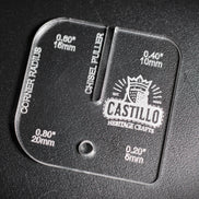 Acrylic leather craft chisel puller and radius tool with 'Castillo Heritage Crafts' branding on a dark background