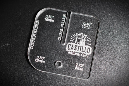 Acrylic leather craft chisel puller and radius tool with 'Castillo Heritage Crafts' branding on a dark background