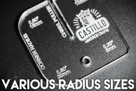 Acrylic leather craft chisel puller and radius tool with 'Castillo Heritage Crafts' branding demonstrating the tool use with "various radius sizes" caption