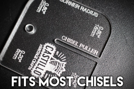 Close-up of a chisel puller and radius tool with 'Castillo Heritage Crafts' branding and text on a dark background with "fits most chisels" caption