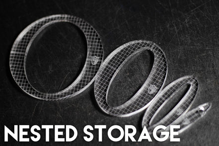 Castillo Heritage Crafts nested elliptical template set on a dark surface with " nested storage" caption