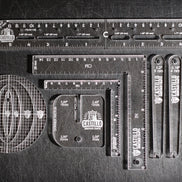 Set of Castillo Heritage Craft ruler and measurement tools, the Precision Tool Set, on a dark surface