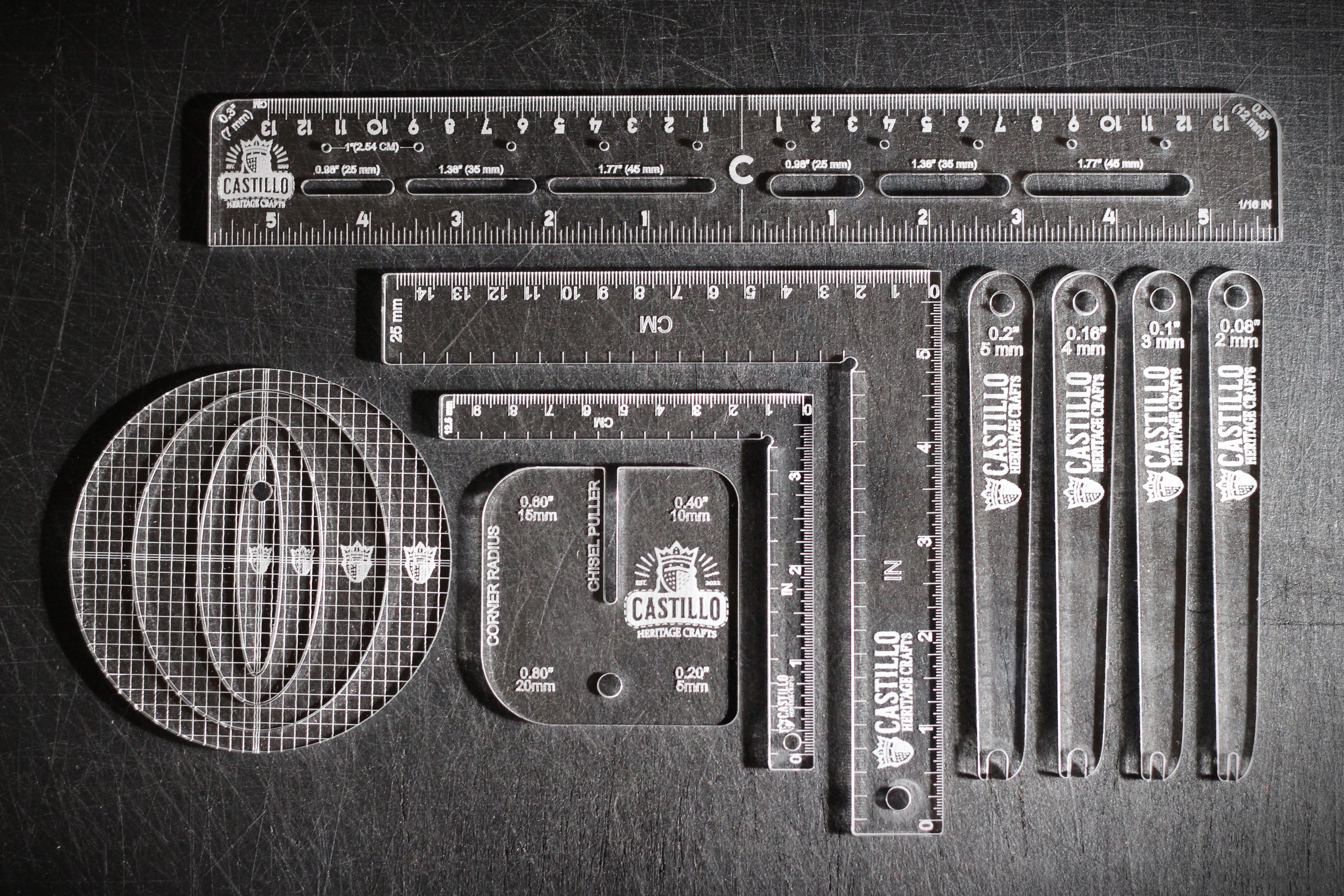 Set of Castillo Heritage Craft ruler and measurement tools, the Precision Tool Set, on a dark surface