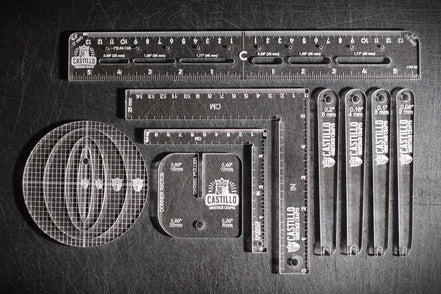 Set of Castillo Heritage Craft ruler and measurement tools, the Precision Tool Set, on a dark surface