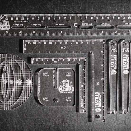 Set of Castillo Heritage Craft ruler and measurement tools, the Precision Tool Set, on a dark surface