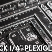 Close-up of thick plexiglass leather craft tools with Castillo Heritage Craft brand logos on a textured surface.