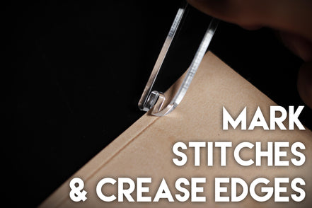 Castillo Heritage Crafts branded stitch line marker tool demonstrating use with "mark stitches & crease edges" caption