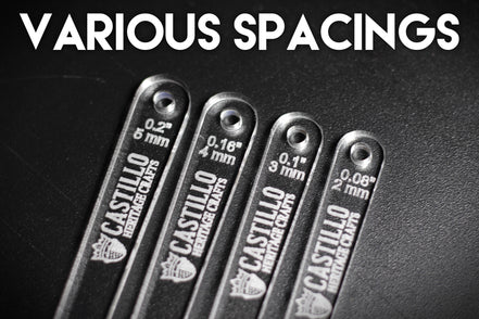 Castillo Heritage Crafts branded stitch line marker tool set of various sizes on a dark surface with "various spacings" caption
