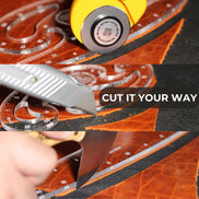 A collage showing a craft knife and clear plastic measuring rulers being used to cut orange textured material. A yellow rotary cutter is visible in the top panel, and a hand is holding the knife in the bottom panel.