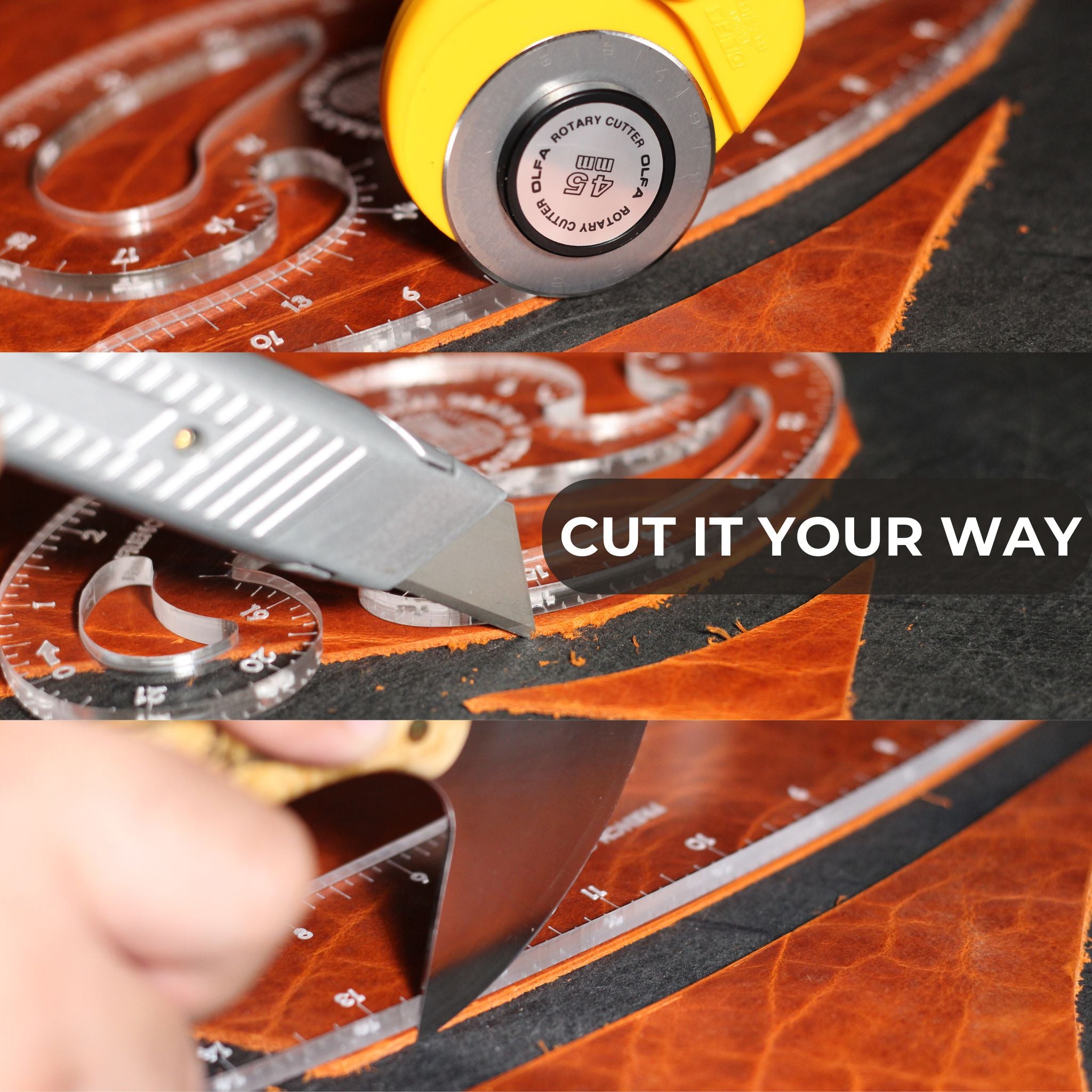 A collage showing a craft knife and clear plastic measuring rulers being used to cut orange textured material. A yellow rotary cutter is visible in the top panel, and a hand is holding the knife in the bottom panel.